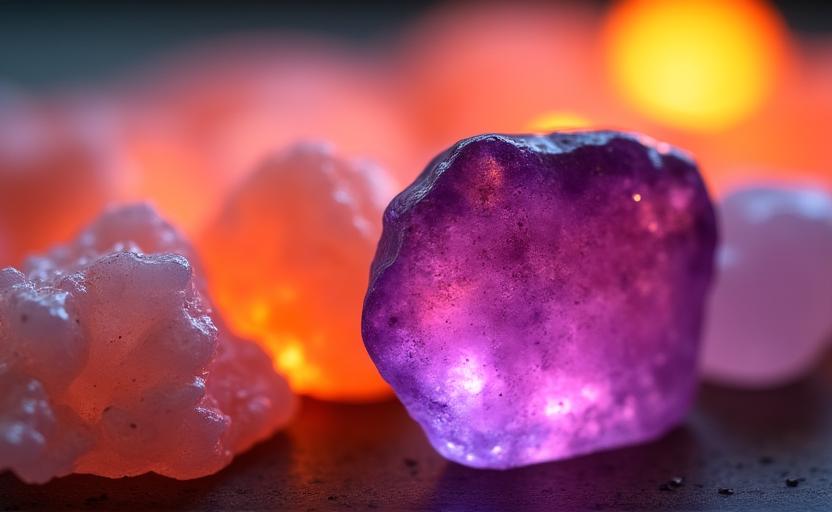 熱を帯びたピンク岩塩とアメジストのクローズアップ